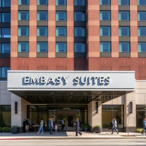Exterior view of the new Embassy Suites hotel in downtown Chattanooga