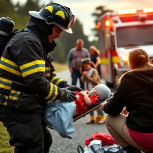 Firefighter aiding in the delivery of a baby girl on the highway.