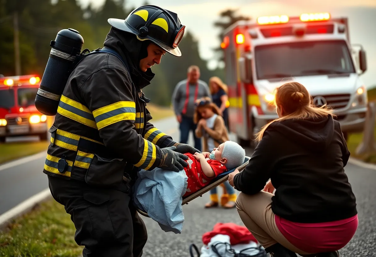 Firefighter aiding in the delivery of a baby girl on the highway.