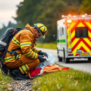 Firefighter helping a mother during childbirth beside Interstate 75