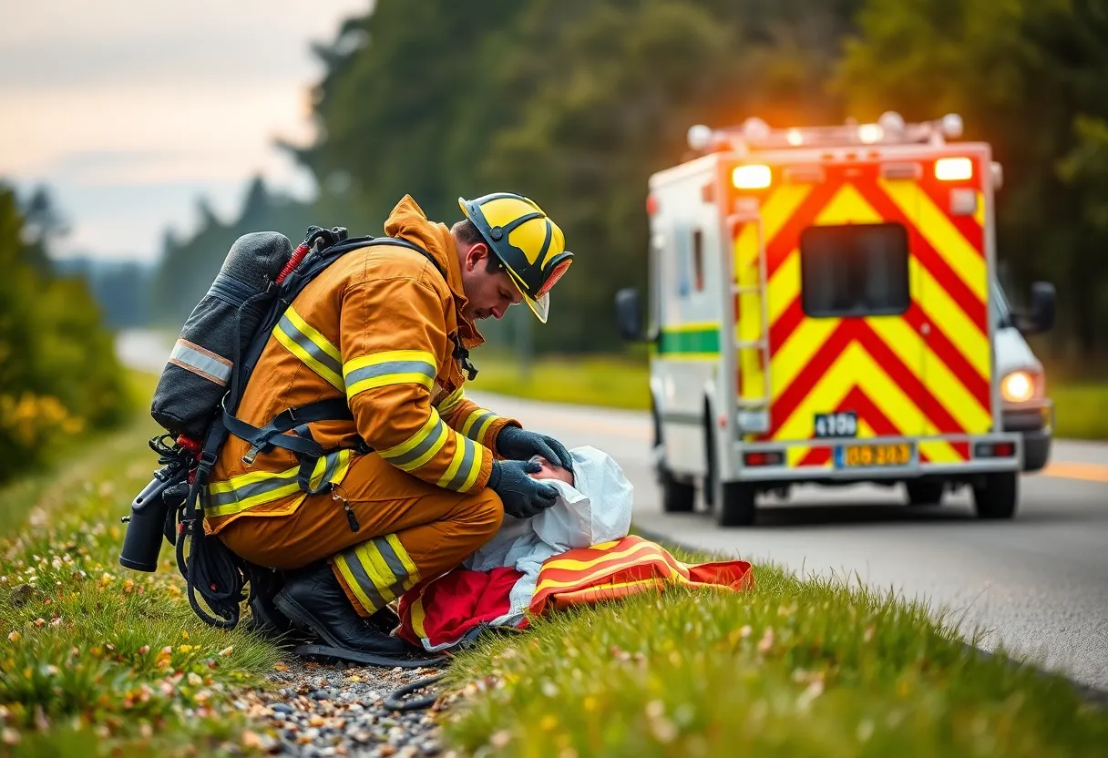 Firefighter helping a mother during childbirth beside Interstate 75