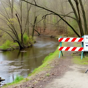 Barricades placed on the South Chickamauga Creek Greenway due to flood damage.
