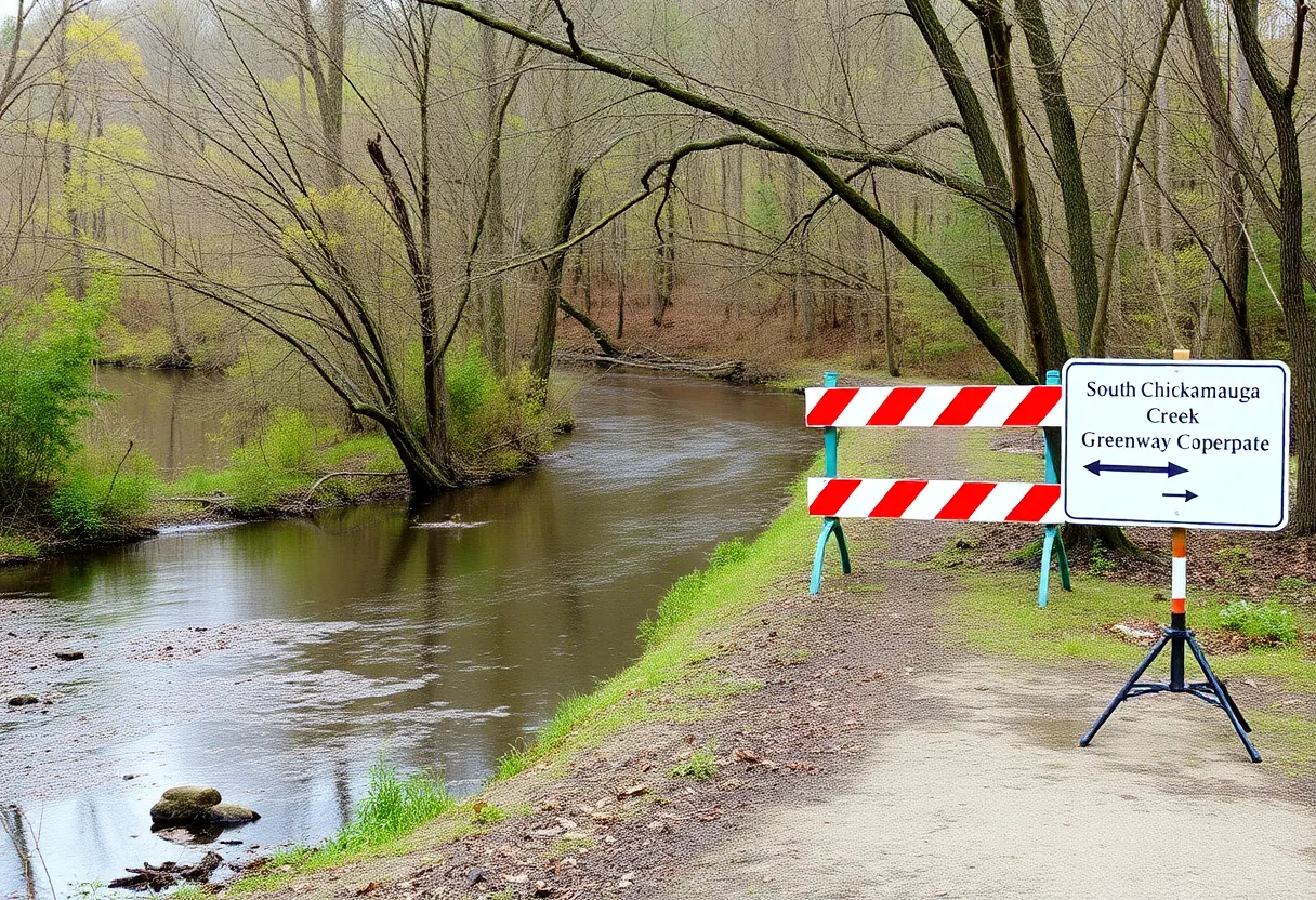 Barricades placed on the South Chickamauga Creek Greenway due to flood damage.