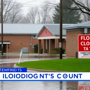 Flooded streets and closed school building in Hamilton County