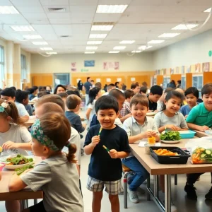 Students in a school cafeteria enjoying healthy meals with staff serving food.