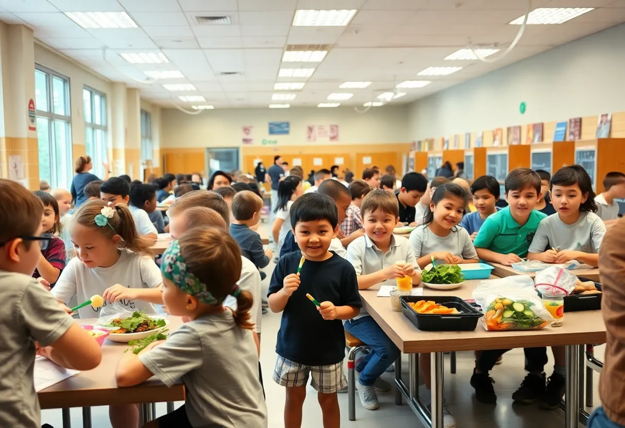 Students in a school cafeteria enjoying healthy meals with staff serving food.