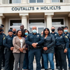 Hamilton County Sheriff's deputies in front of a courthouse