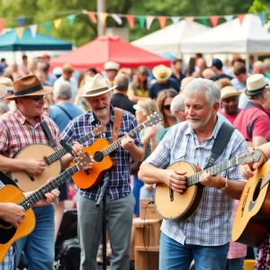 Bluegrass musicians performing outdoors at the IBMA World of Bluegrass festival in Chattanooga.