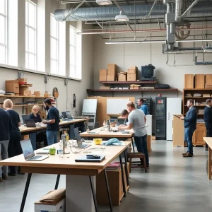 Interior view of INC Connect makerspace with entrepreneurs working