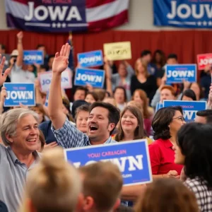 Energetic crowd at a political rally in Iowa