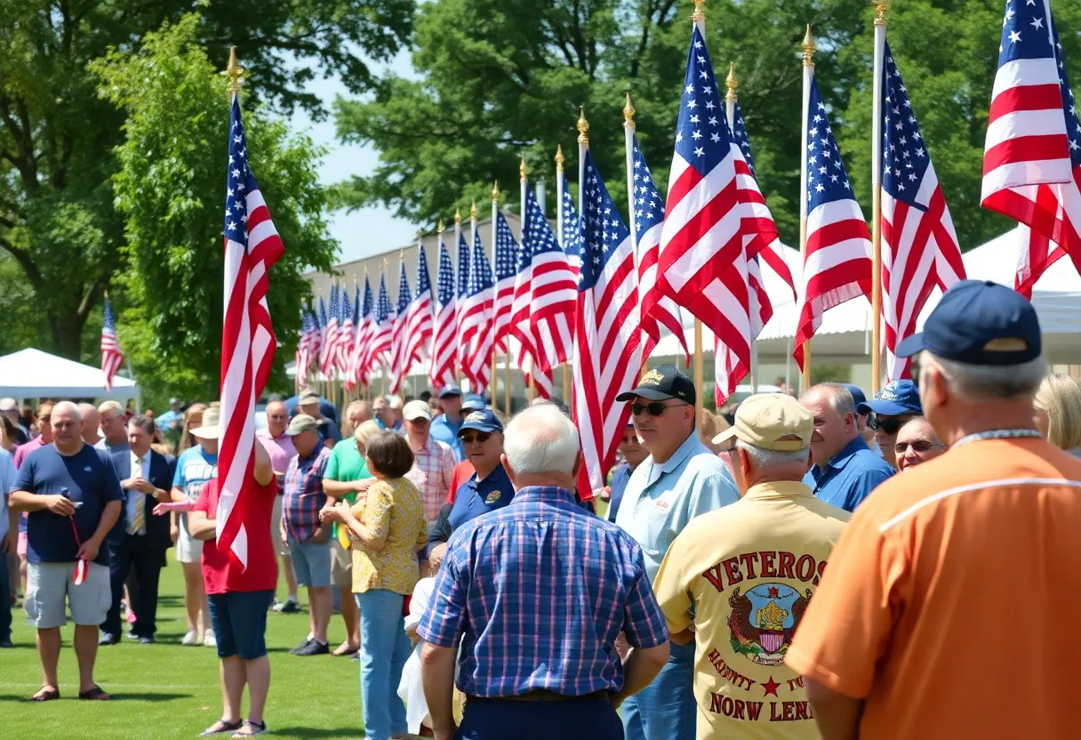 Outdoor event celebrating Medal of Honor recipients with flags and community members.