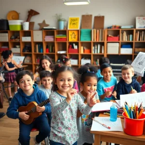 Music classroom with students engaging in creative activities