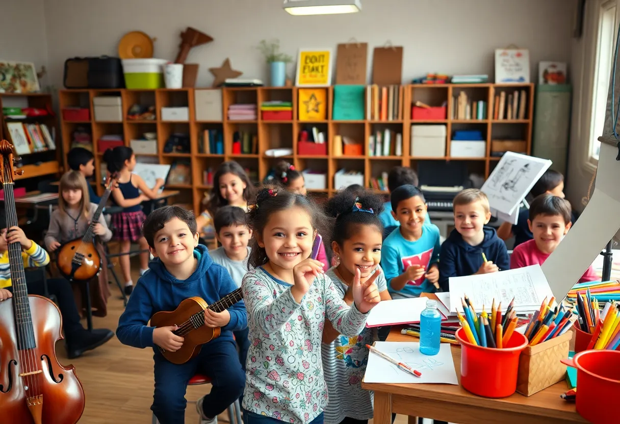 Music classroom with students engaging in creative activities
