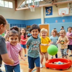 Children enjoying physical education activities led by coaches