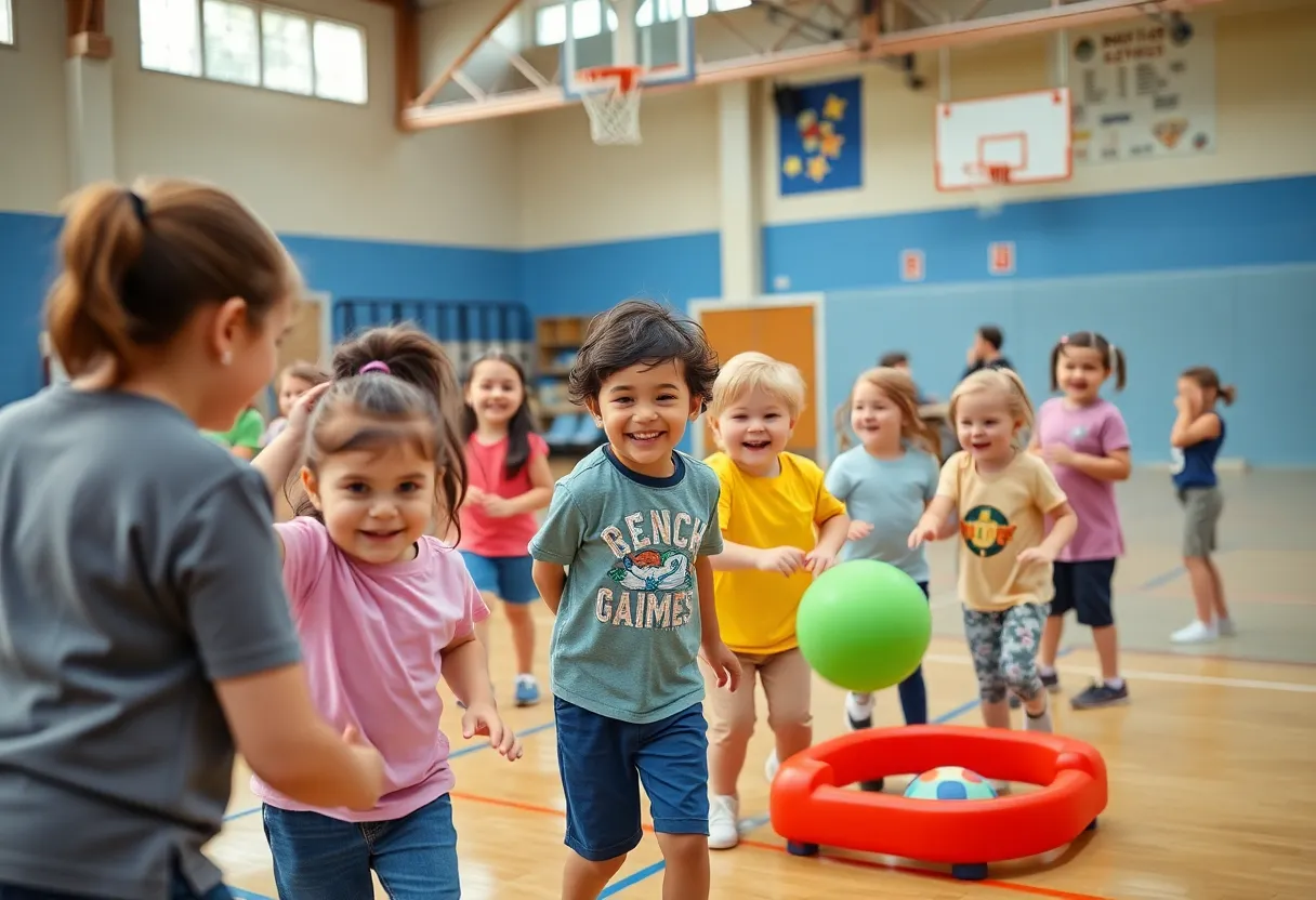 Children enjoying physical education activities led by coaches