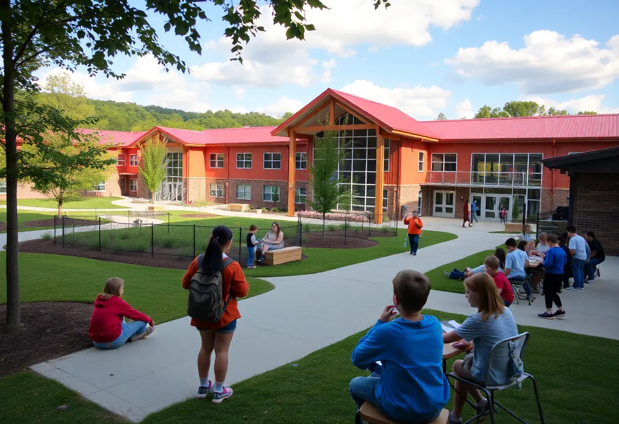 Outdoor view of a private K-12 school in Chattanooga with students and educational facilities.
