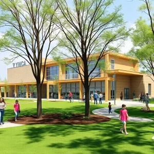 Conceptual design of a YMCA facility in Camp Jordan Park with people participating in various activities.