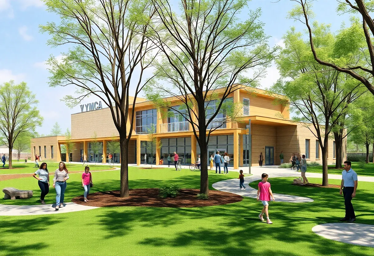 Conceptual design of a YMCA facility in Camp Jordan Park with people participating in various activities.