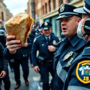 A comic representation of a sandwich flying through the air towards a police officer.