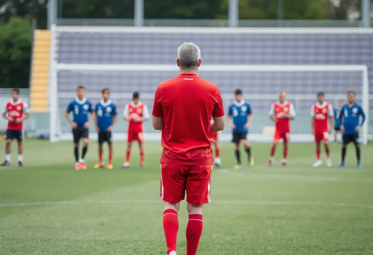 A soccer team practicing on the field