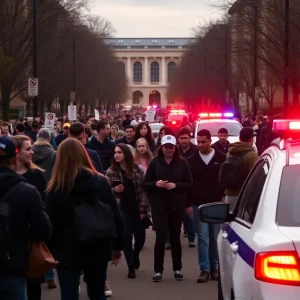 University campus during a swatting incident with police presence.