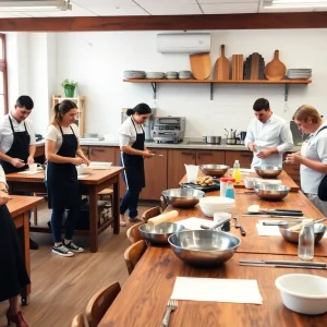 Chefs teaching in a warm, engaging culinary classroom