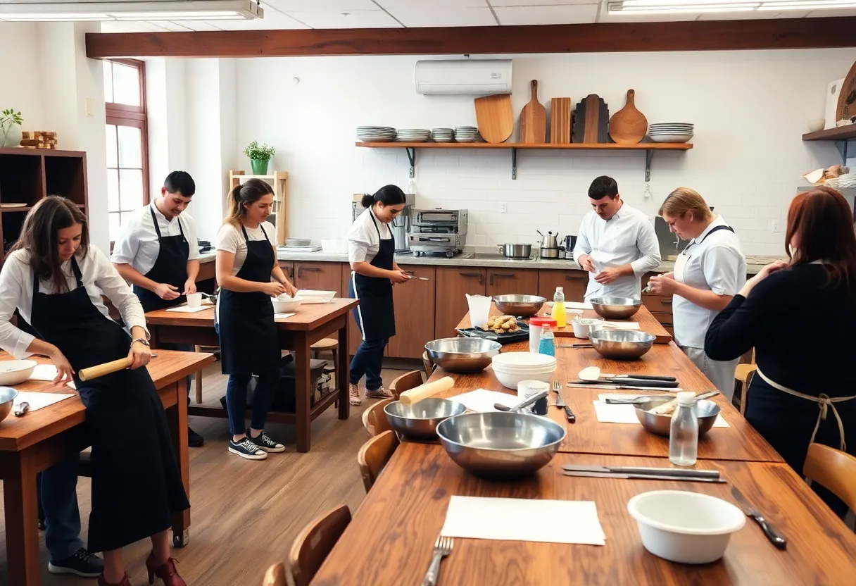 Chefs teaching in a warm, engaging culinary classroom