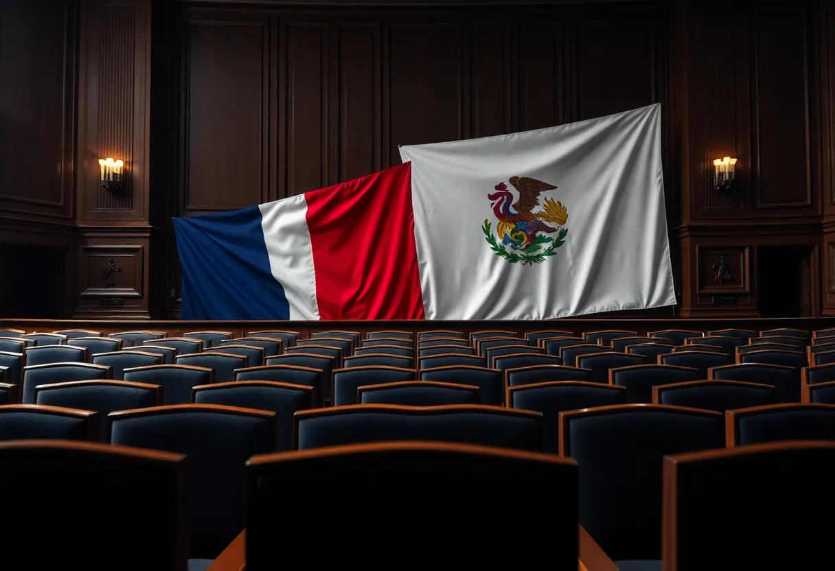 Legislative chamber with empty chairs representing Texas Democrats' absence.