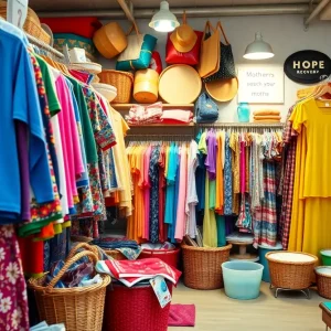 Display of clothing and household items at the new thrift store in Athens.
