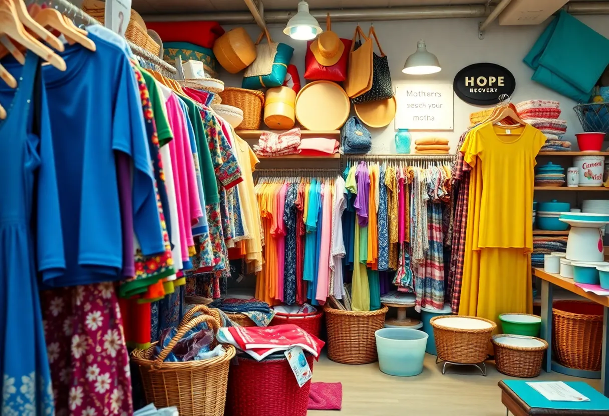 Display of clothing and household items at the new thrift store in Athens.
