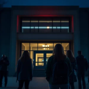 Scene of UTC during lockdown with students and emergency lights