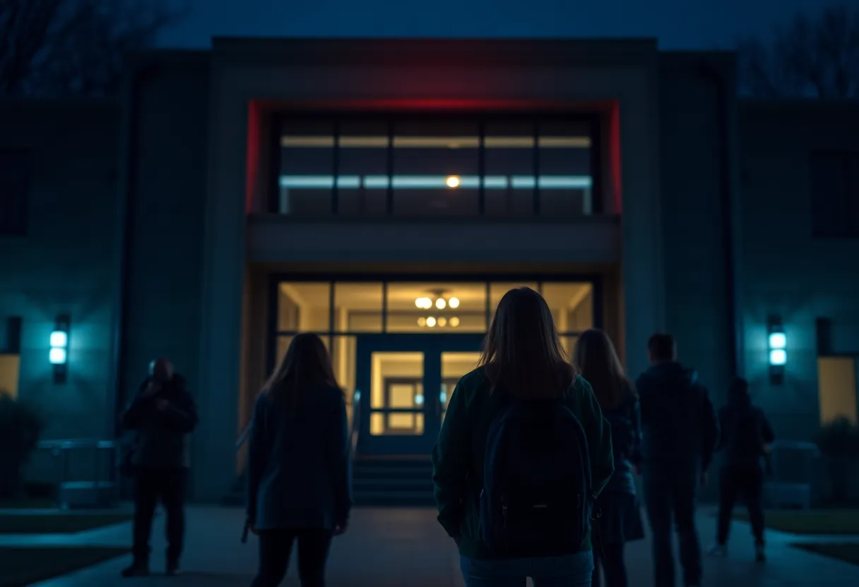 Scene of UTC during lockdown with students and emergency lights