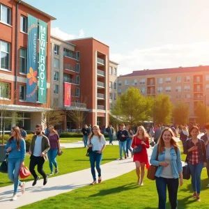 A busy university campus with students, showcasing new residence halls