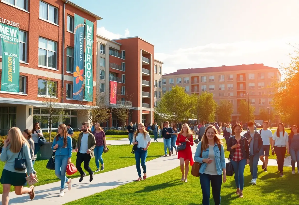 A busy university campus with students, showcasing new residence halls