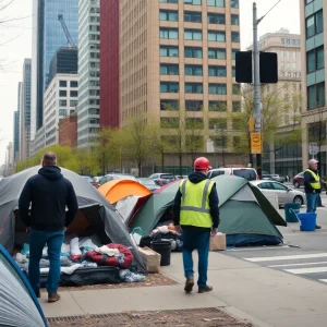 A city landscape depicting homeless encampments and urban workers engaged in cleanup efforts.