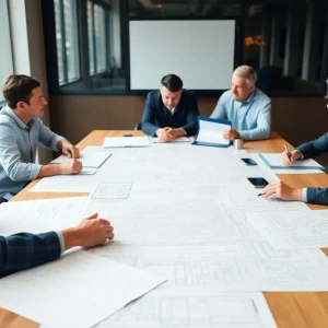 Image of a planning meeting with blueprints and designs for urban development.