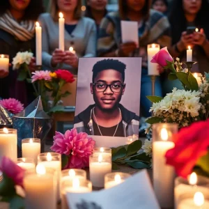 Community vigil for a shooting victim with candles and flowers