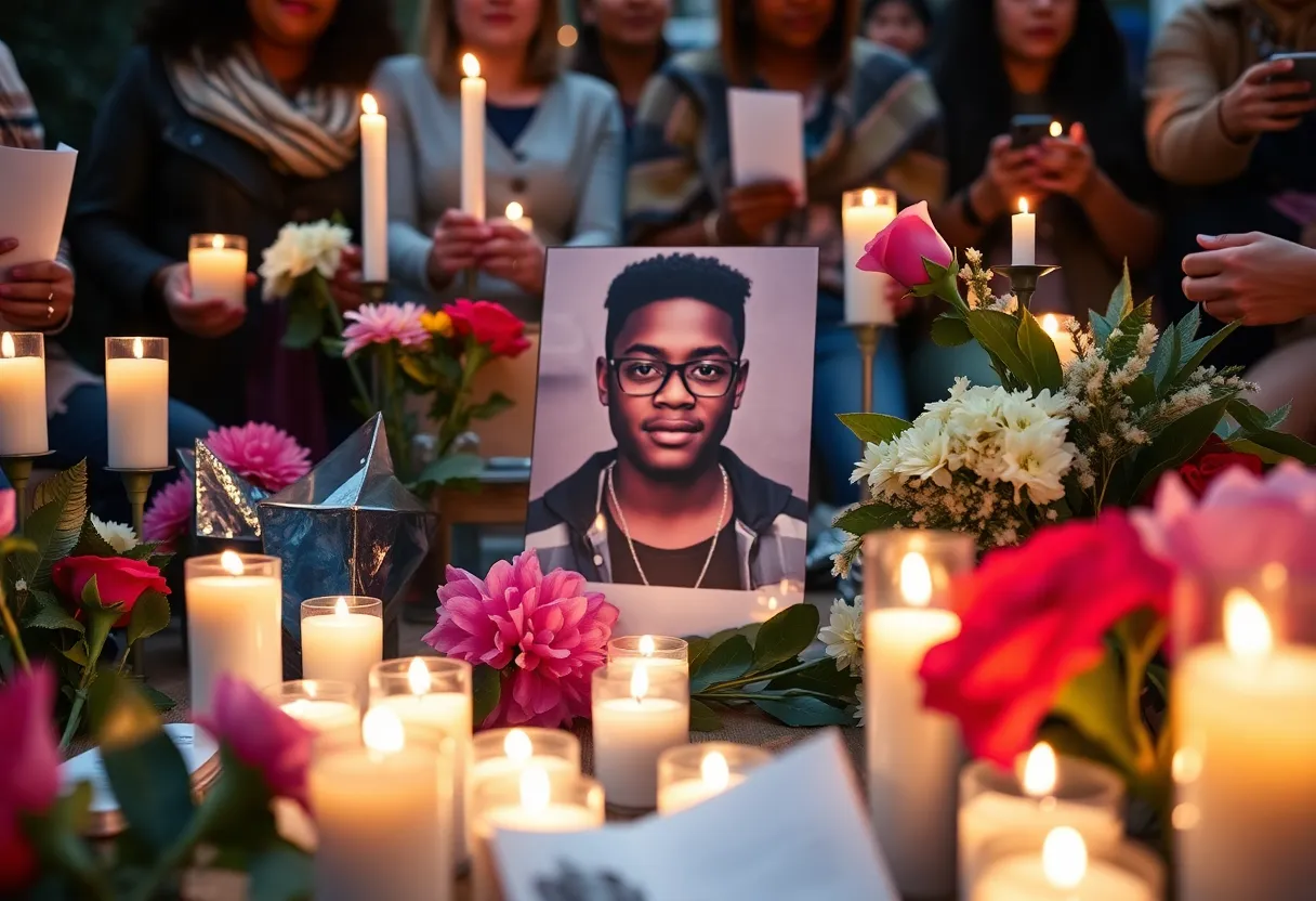 Community vigil for a shooting victim with candles and flowers