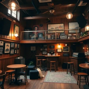 Cozy interior of The Woodshop Listening Room with stage and bar