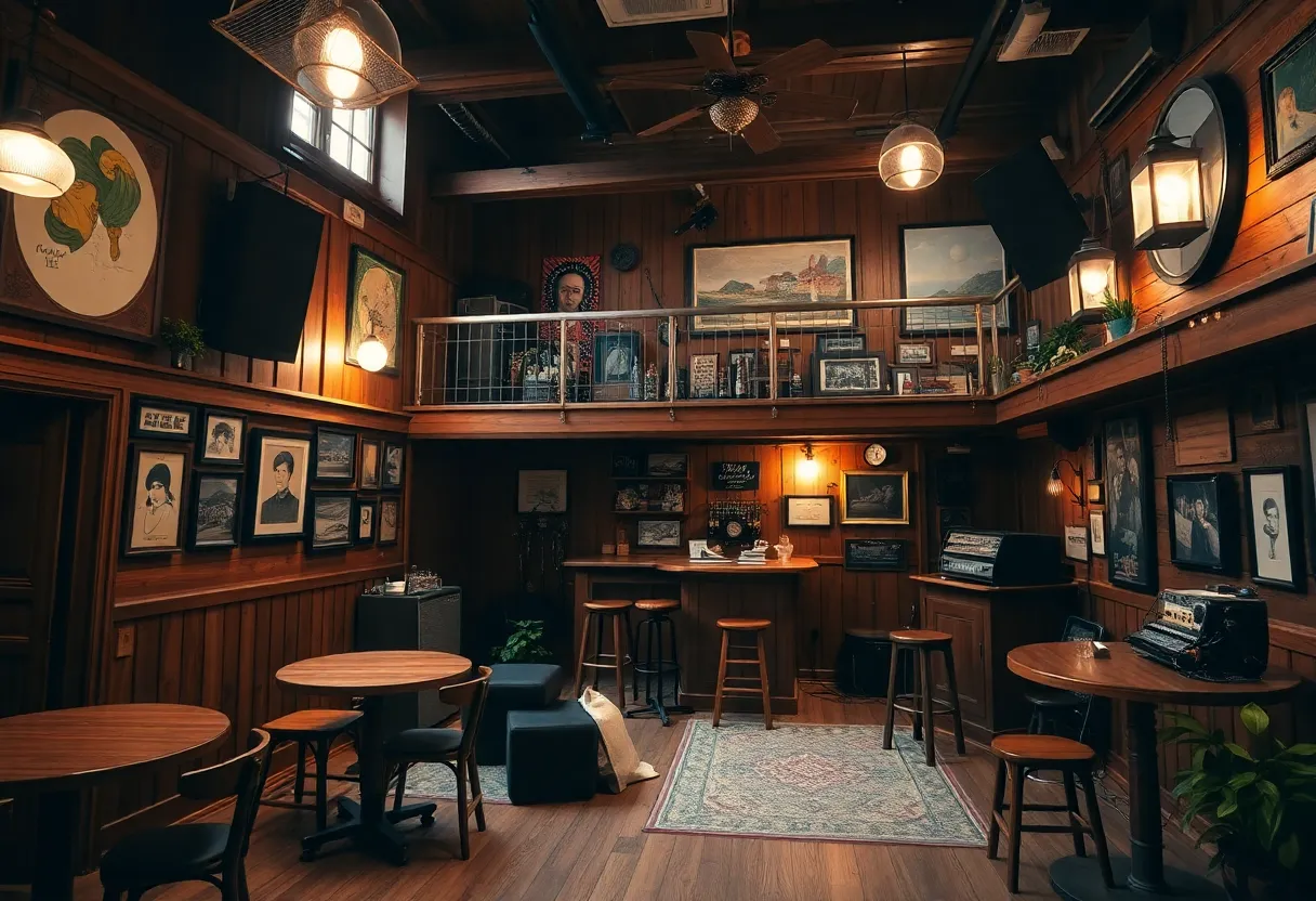 Cozy interior of The Woodshop Listening Room with stage and bar