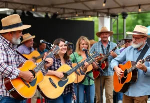 Diverse musicians performing at a bluegrass music festival.
