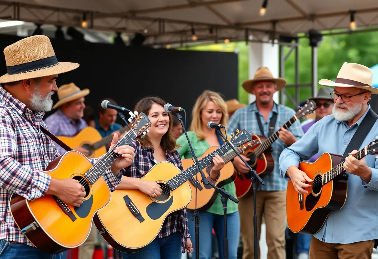 Diverse musicians performing at a bluegrass music festival.