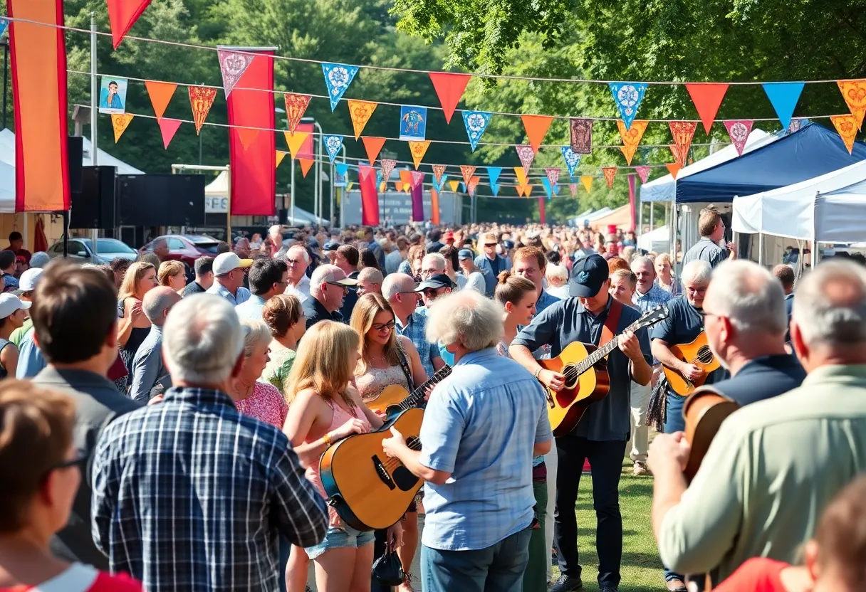 A vibrant scene from the Bluegrass Live festival featuring stages and enthusiastic audience.