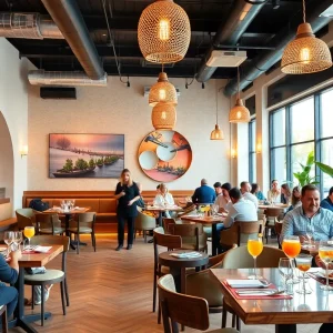 Interior of Calliope restaurant in Chattanooga, featuring diners enjoying meals.