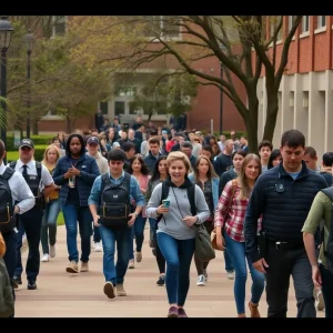 Students evacuating a college campus amidst a hoax active shooter threat.