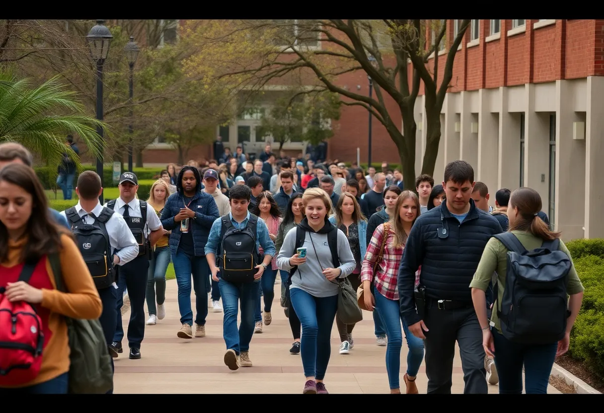 Students evacuating a college campus amidst a hoax active shooter threat.