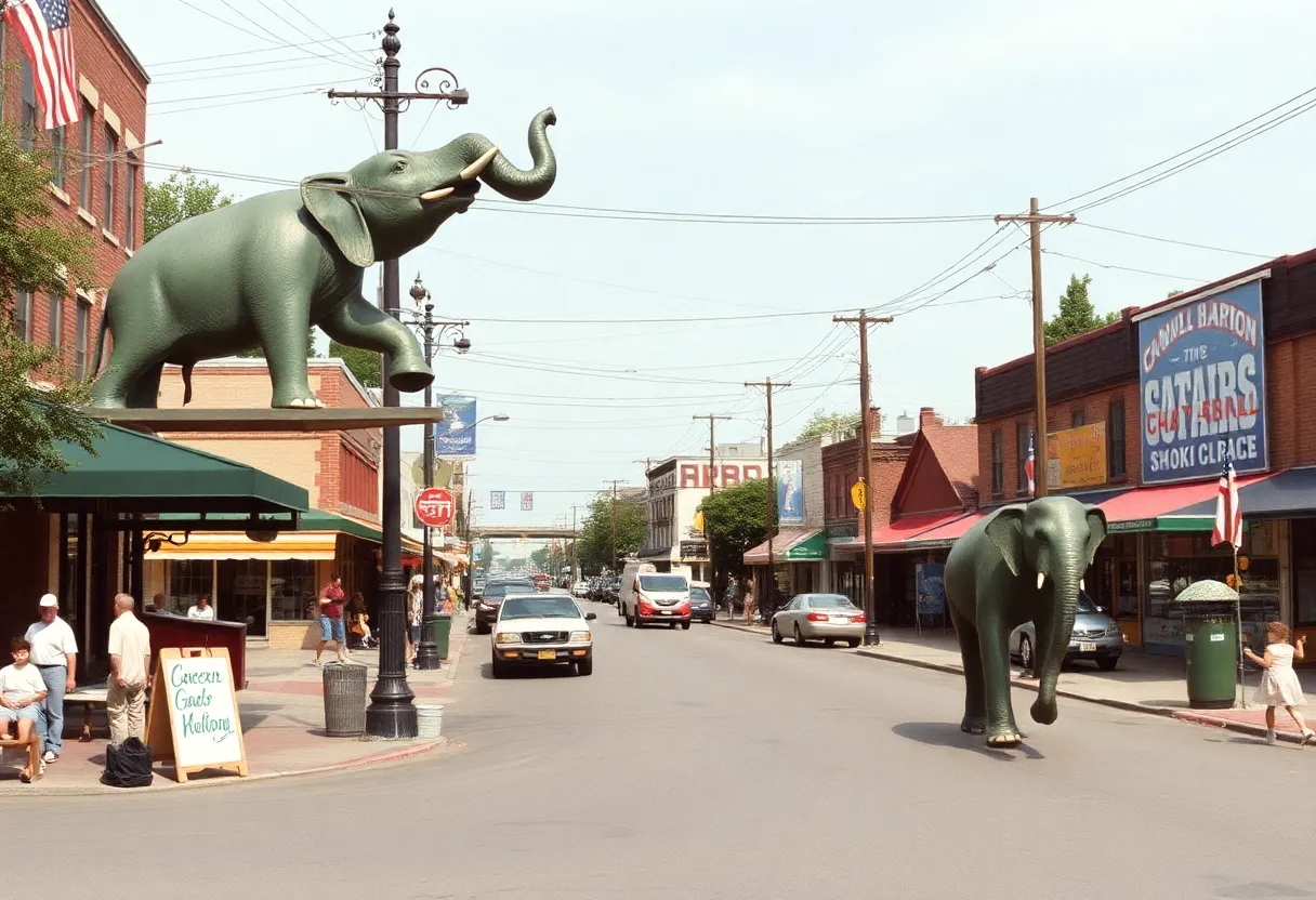Nostalgic street scene in Chattanooga showcasing elephants and baseball attractions from the 1980s.