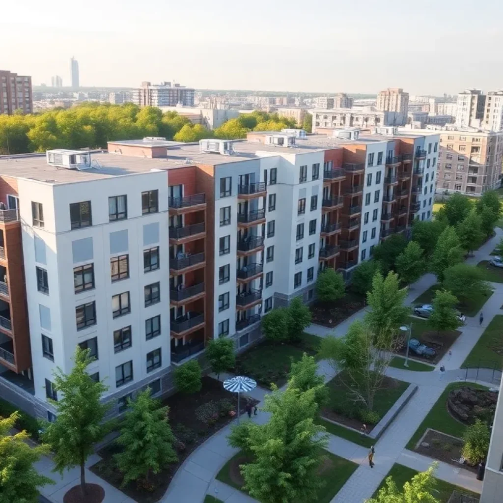 Affordable housing development in Chattanooga with modern buildings and greenery.