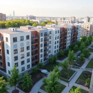 Affordable housing development in Chattanooga with modern buildings and greenery.