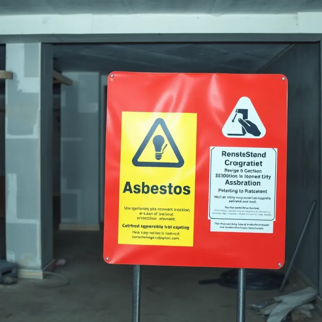 Construction site with asbestos warning signs during renovation in Chattanooga